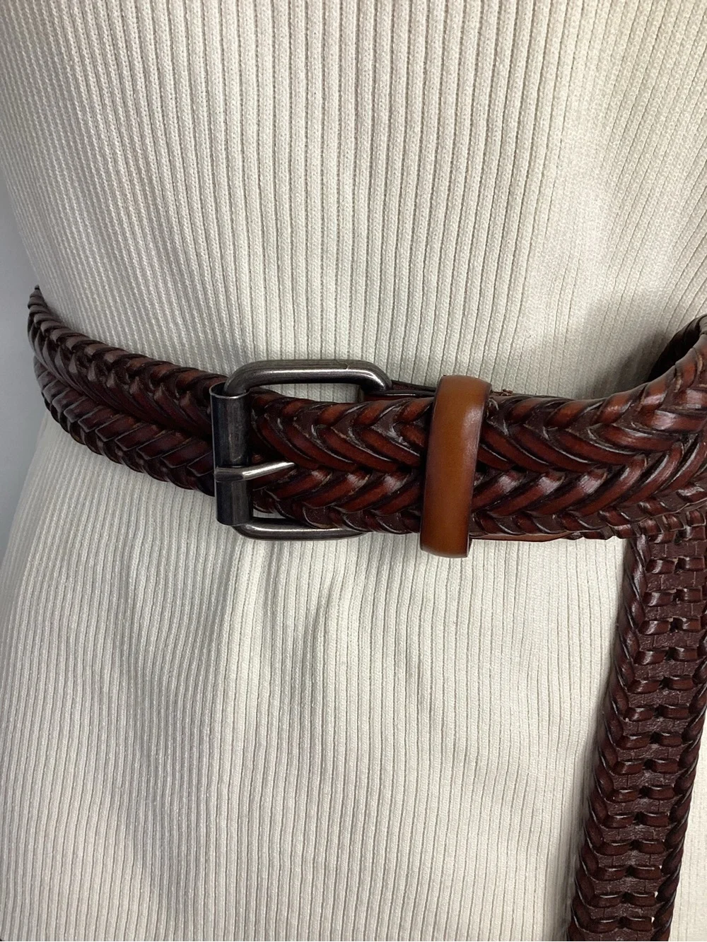 Braided Vegan Leather Belt in Brown with Silver Buckle